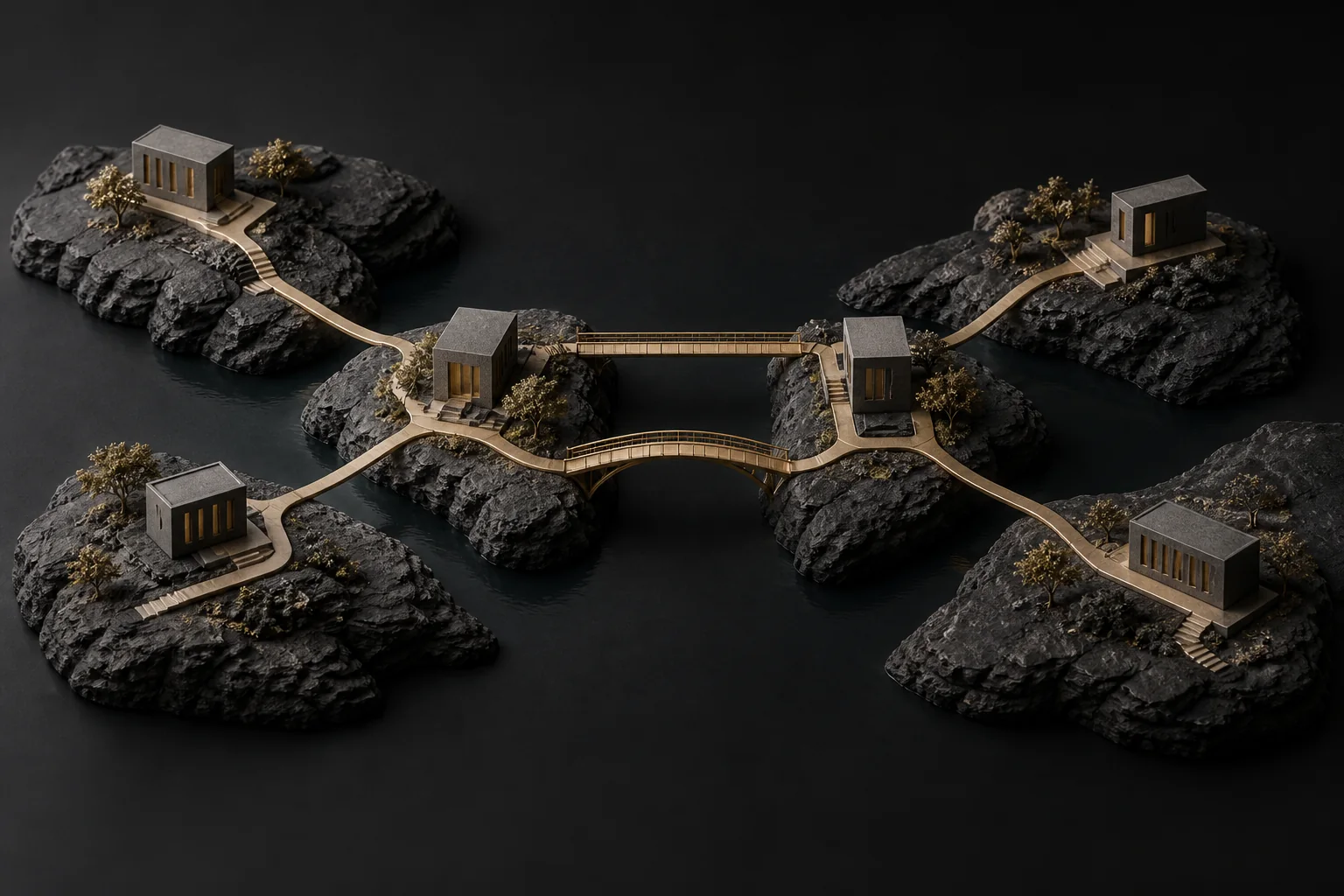 Dunkle Inseln mit mehreren goldenen Brücken als Bild für alternative Wege und infrastrukturelle Abhängigkeiten.